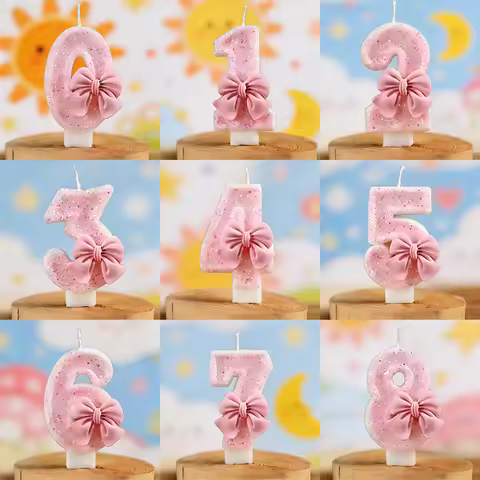 Sparkling Pink Glitter Bow Number 0 9 Candle Cake Toppers For Girls 1st 16th Happy Birthday Party Ca