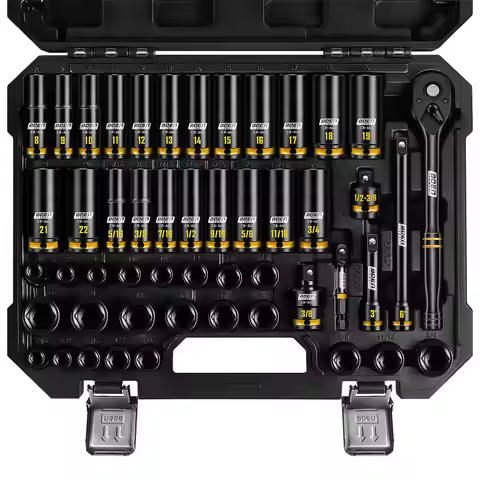 boen 3/8'' Drive Impact Socket Set, 50PCS Standard SAE (5/16 to 3/4 inch) and Metric (8mm-22mm), Dee