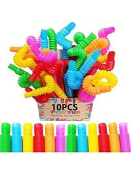 10入組感官管玩具,彩色快彈壓力減輕玩具,細緻動感技能和學習玩具,適用於男女兒童的禮物,隨機顏色