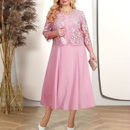 European American Summer Plus Size Women's Dress 2-Piece Set Stitching Embroidered Lace Cocktail Dre