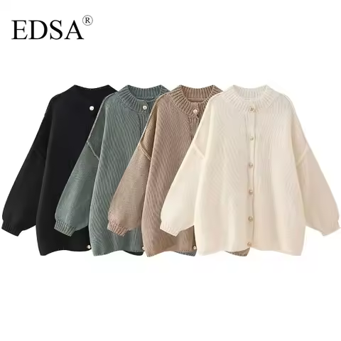 EDSA Women Basic Casual Loose Button Plain Knit Sweater Solid Coat New 2024 Autumn Winter Fasion Laz