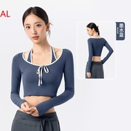 Two-Piece Womens Yoga Outfit With Long Sleeves Built-In Bra Halter Neck Color-Block Top Suitable For