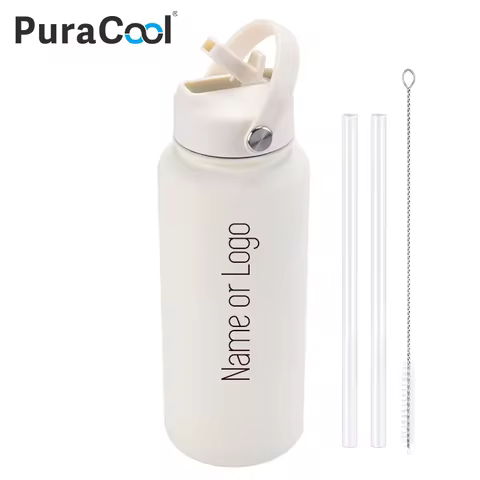 PuraCool Custom Water Bottle 1000ml/1L/32oz Insulated Thermos Personalized Tumbler Flask with Straw