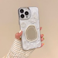 立體蝴蝶玫瑰花鏡子適用華為mate60pro手機殼Pura80珠光白忌廉膠P50電鍍鏡頭圈mate70pro補妝鏡面保護套P40滴膠女-單殼 華為 Mate 40