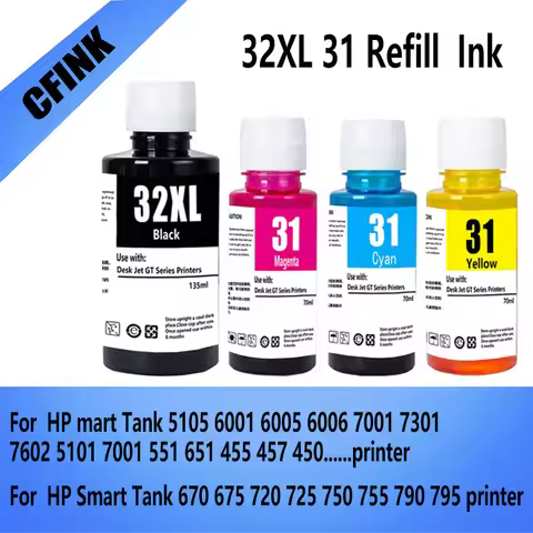 32XL 31 Refill Ink Bottles for HP 7301 6001 7602 5101 7001 551 651 455 457 450 670 675 720 725 750 7