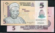 【補號鈔】NIGERIA(奈及利亞), P38c  , 5-NAIRA  , 2011 ,品相全新UNC #203719 