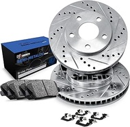 R1 Concepts Rear Brake Rotors Drilled and Slotted Silver with Semi Metallic Pads and Hardware Kit Co