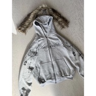 2026 New Y2K Fashion Letter Necklace Print Hip-hop Hooded Jacket with Detachable Fur Collar Design f
