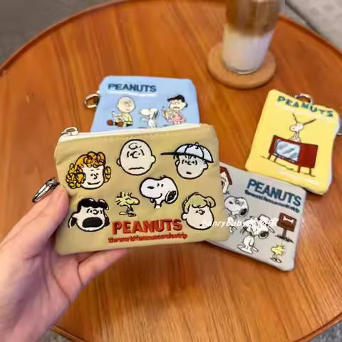 Snoopy Embroidery Zipper Coin Purse Retractable Keychain Card Holder Id Cash Pouch Backpack Charm Fo