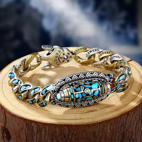 Tibetan Buddhism Natural Turquoise Six-character Mantra Bracelet Rotatable Nine-eyed Dzi Bangle Amul