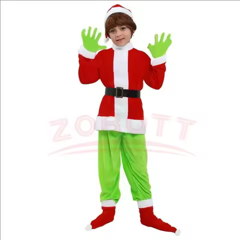 Halloween Explosive Green Hairy Monster Grinch Children Costume Santa Claus With Pantsuits Play Clot
