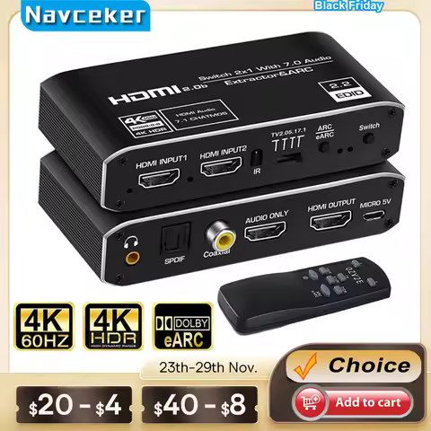 2x1 4K 120Hz HDMI Switch EARC Audio Extractor ARC Optical Toslink HDMI 2.0 Switch 4K 60Hz HDMI Switc