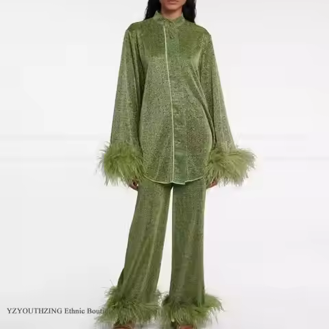 Fashion Women's Pajamas Set Home Clothes with Feather Loose Sleepwear Loungewear Summer Casual Trous