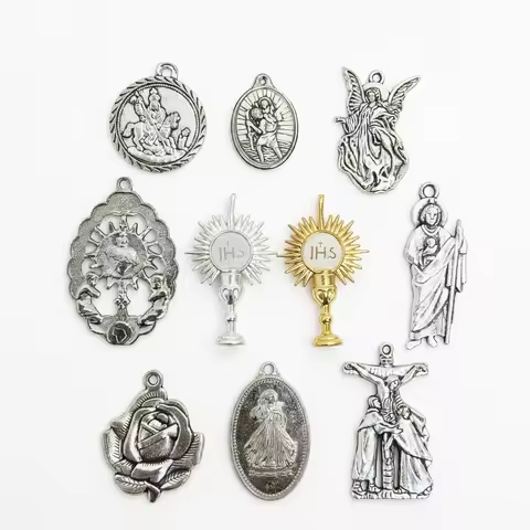 10Pcs Catholic Saint Medal Charms St George Michael Joseph Crucifix Pendants for DIY Rosary Jewelry