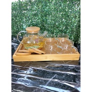 Set cawan set minuman cawan dan teko jug panas cawan kaca jag kaca jernih transparent cups set with jug wooden tray jug