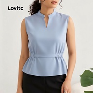 (Fashion-2) Lovito Casual Blouse Lace Up Spring/summer Blue Blouse for Women L142ED657