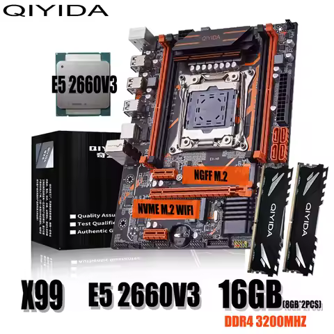 Qiyida X99 motherboard set LGA2011-3 E5 2660V3 2pcs*8gb=16GB 3200MHz DDR4 4 channels SATA 3.0 nvme M
