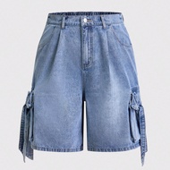 Plus Size Fitted 5-Inch Inseam Denim Shorts, Blue Summer Vacation Woman 90s Spring For Women Y2k Cow