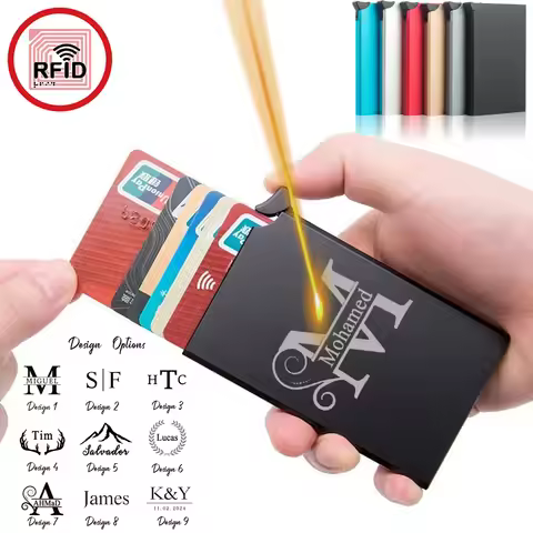 Custom Engraved Name Card Holder Creative Aluminum Alloy Credit Wallet RFID Blocking Pop Up Automati