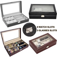 76Z 6 Slots PU Leather Watch Boxes Display 3 Eyeglasses&amp;Sunglasses Necklace Jewelry Storage Ca aXn