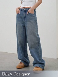 Dazy Designer 女式休閒寬鬆直筒牛仔褲，帶有刷破和打磨效果