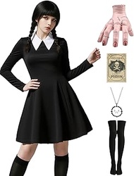 Women Wednesday Addams Costume Dress Adult with Thing Hand Socks Necklack Stickers Halloween Costume