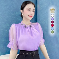 Women's office shirt with puffed sleeves and embroidered floral collar CHUU A2836