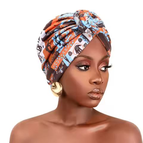 Fashion African Print Hijab Caps Pleated Knotted Style Twist Knot Turban Hat Elastic Breathable Head