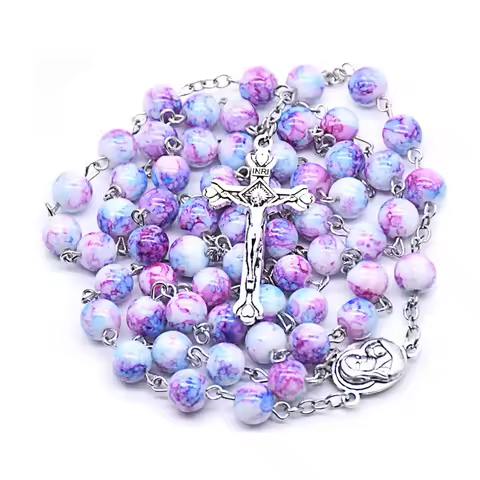 Glass Rosary Necklace Grain Beads Long Women Men Catholic Cross Pendant Pray Jewelry