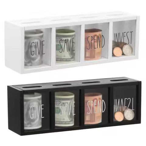 4 Grids Wooden Give Save Spend Invest Money Saving Box Wall Mount Piggy Bank for Daily Cash Bill and