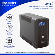 IPASON | AWP AID1500 Pro LCD 900W-1500VA UPS with AVR Uninterruptible Power Supply (6 Sockets)