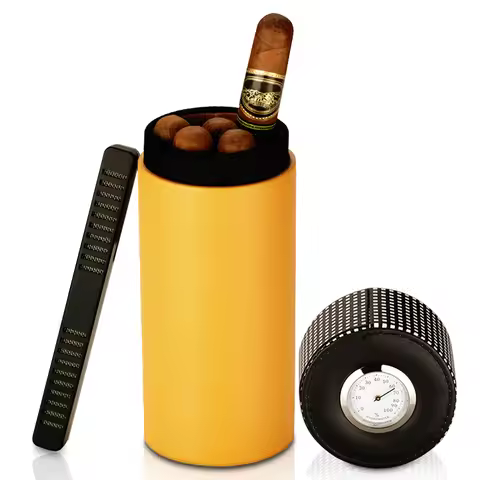 Leather Travel Humidor Cigar Box Cedar Wood Portable Cigar Case Jar W/ Humidifier Hygrometer Humidor