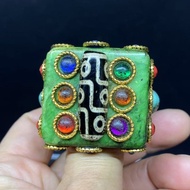 7.28 Antique Old Jade Duobao Inlaid Dzi Beads Men's Ring Ethnic Collection Jade Dzi Beads Genuine Pl
