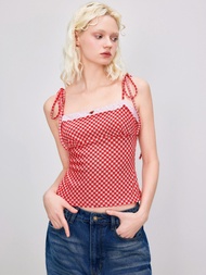 Cider Square Neck Check Rosette Knotted Crop Top