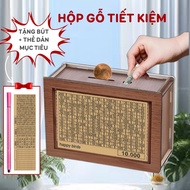 Compact wooden savings box with Mono daily savings tracking card