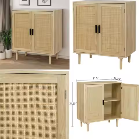 Natural Wooden Buffet Cabinet with Rattan Doors, 31.5x15.8x34.6, Kitchen & Dining Storage