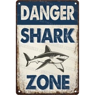 Tanda Vintaj Shark Bahaya Zon Jerung Tanda Timah Logam untuk Dapur Rumah Bilik Bar Hiasan Garaj 8x12