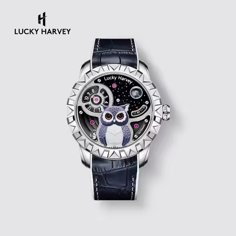 Lucky Harvey Mechanical Movement Wristwatch Moving Eyes Owl Dial Sapphire Waterproof Luminous Automa