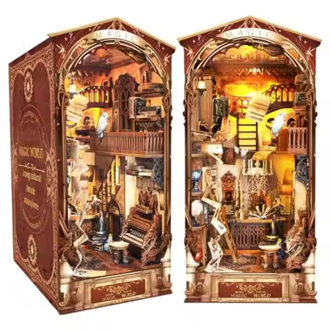 DIY Book Nook Kit - Bookend Diorama with LED - 3D Wooden Puzzle DIY Miniature House Kits - Bookshelf