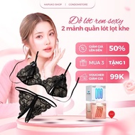 Combo sexy lace lingerie 2-piece thong underwear with slit bottom bralette set 4 black sexy lingerie