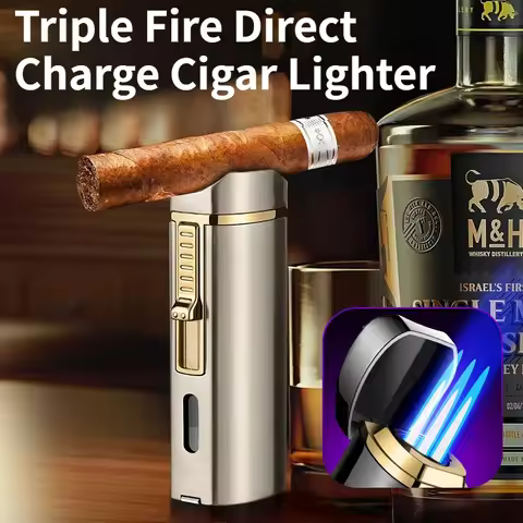 Three Flame Inflatable Windproof Straight Forward Lighter Blue Flame Point Cigar High-temperature Fl