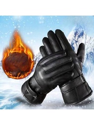 1雙男士冬季加厚抓絨電動車防風防水觸屏手套,適用於騎行,黑色