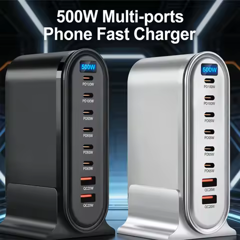 500W GaN Charger USB C PD3.0 QC3.0 Multi-ports Desktop Fast Charging Station For Laptop iPhone 15 16