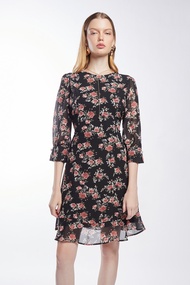 ESPADA เดรสสั้นผ้าชีฟองลายดอกกุหลาบ ผู้หญิง สีดำ | Rose Print Chiffon Dress | 01041