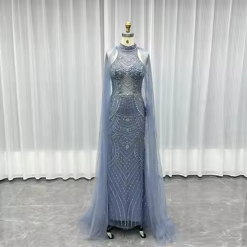YQLNNE Dubai Dusty Blue Rhinestones Evening Dresses Long High Neck Crystals Beaded Formal Women Part