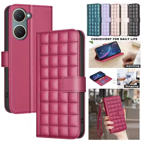 3D Checkered Pattern Wallet Bag Leather Case For VIVO Y03 Y38 Y18 Y18E Y27 Y35 Y22 Y22s Y36 5G Phone