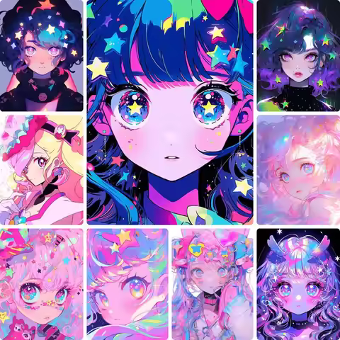 Neon Pastel Starry Kawaii Anime Lass Portrait Diamond Painting, Handmade Art Exquisite Creative Gift