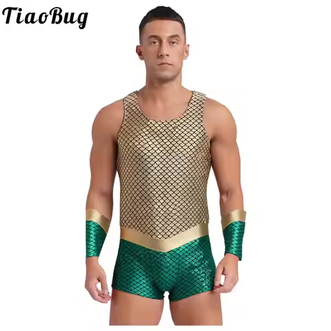 Men Halloween Sea King Sea God Cosplay Costume Shiny Fish Scales Print Bodysuit for Poseidon Merman 