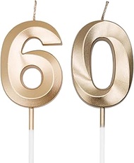 Champagne Gold 60th Birthday Candles for Cakes, Number 60 Candle Cake Cupcake Topper for Birthday An