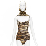 DOLCE GABBANA MARE Vintage brown tiger print mesh bustier bodysuit wrap skirt scarf S